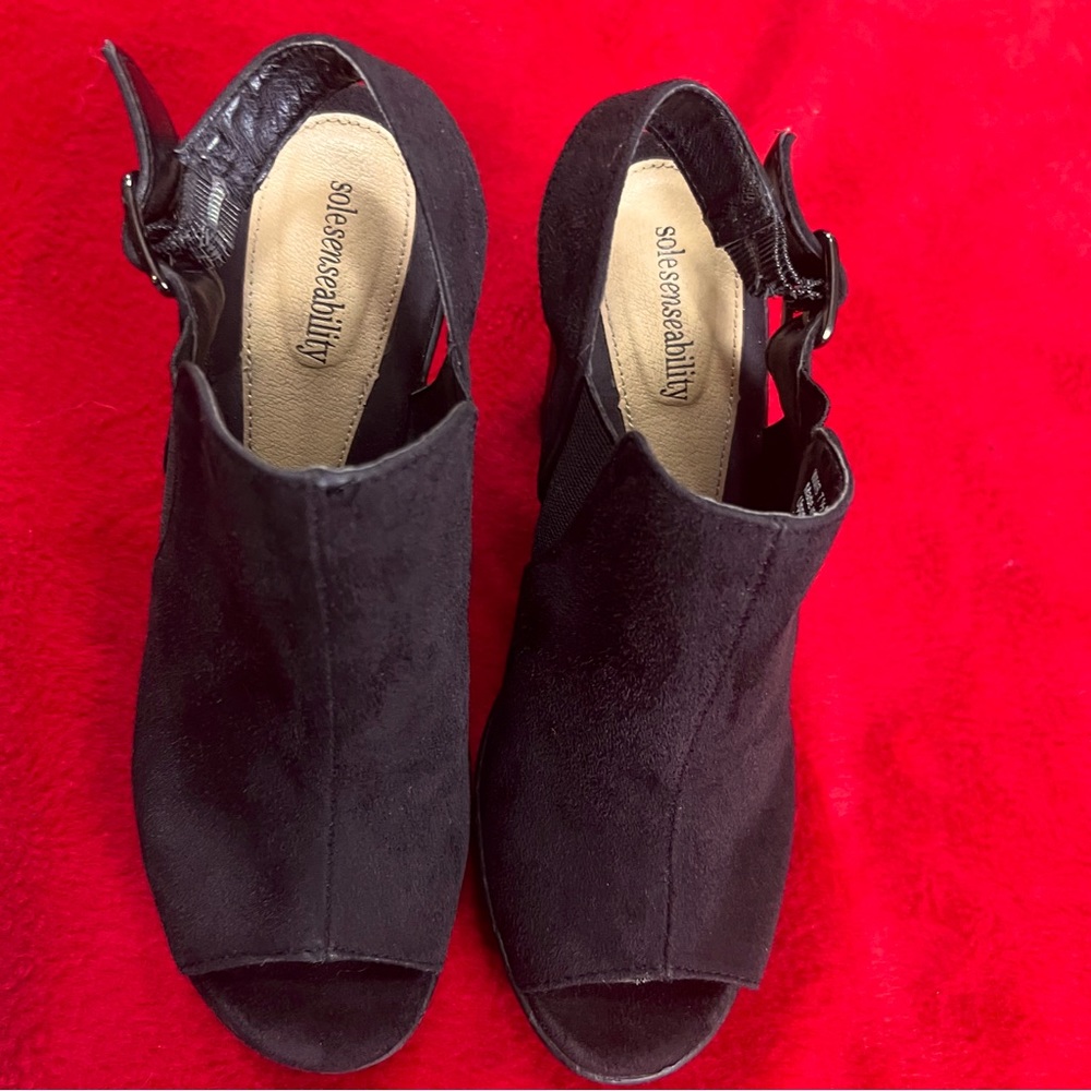 Sole Senseability Open Toe Slingback Heel Ankle Boots Black Size 7.5 Suede Like - Picture 2 of 7